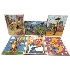 Vtg Wooden Children Puzzles Playskool Disney Woody, Ernie, Bob the builder, Mick